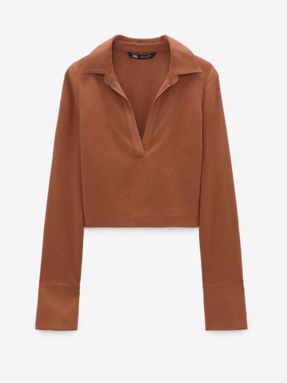 Zara Rust Brown Cropped V-Neck Collared Long Sleeve Top NWT Size M